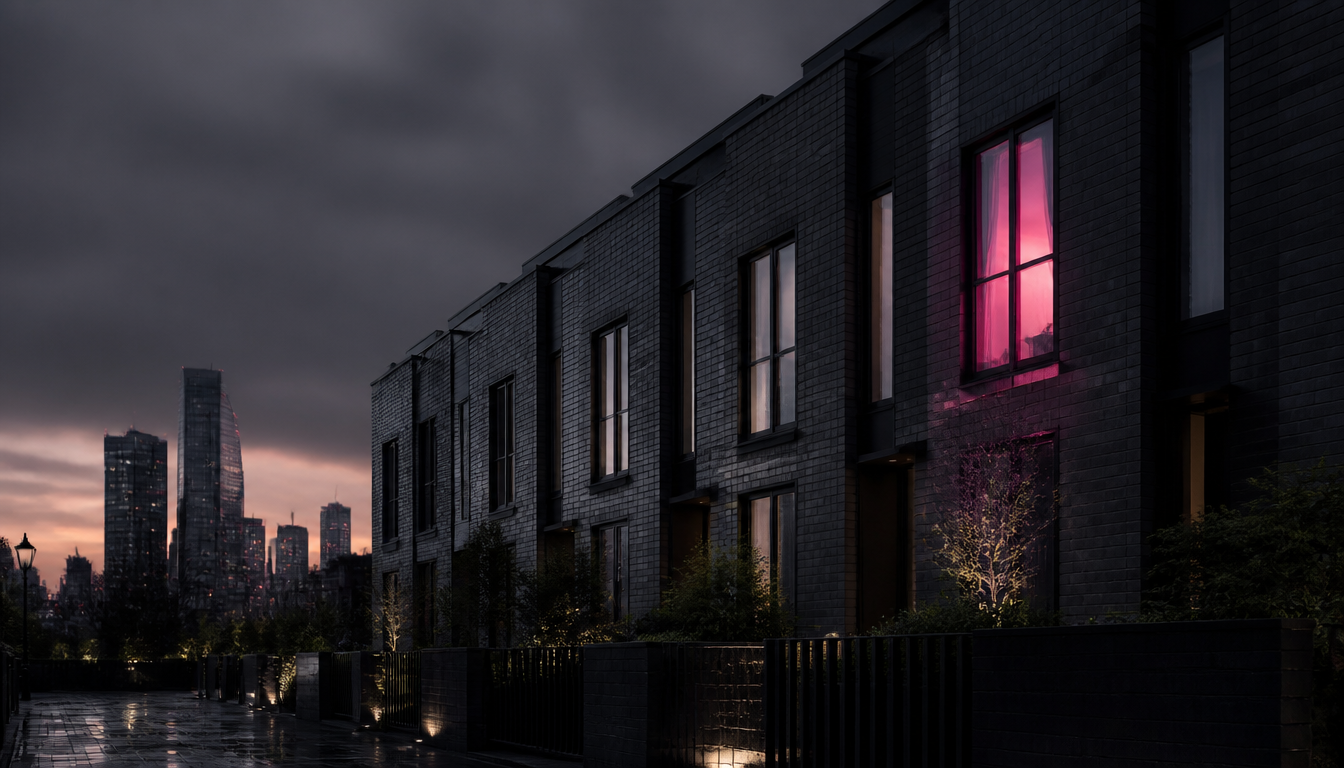 Modern UK townhouse at dusk with city skyline